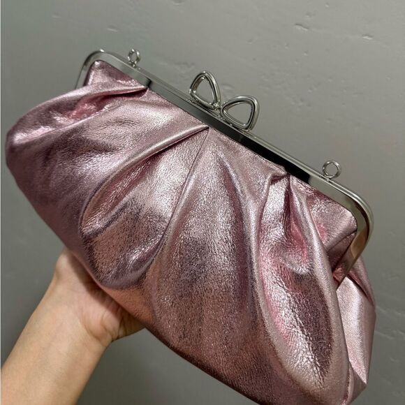 Pearlescent Pink Lambskin Handmade “Bow” Shaped Kisslock Slouchy Bag, Multi Use - Picture 12 of 16
